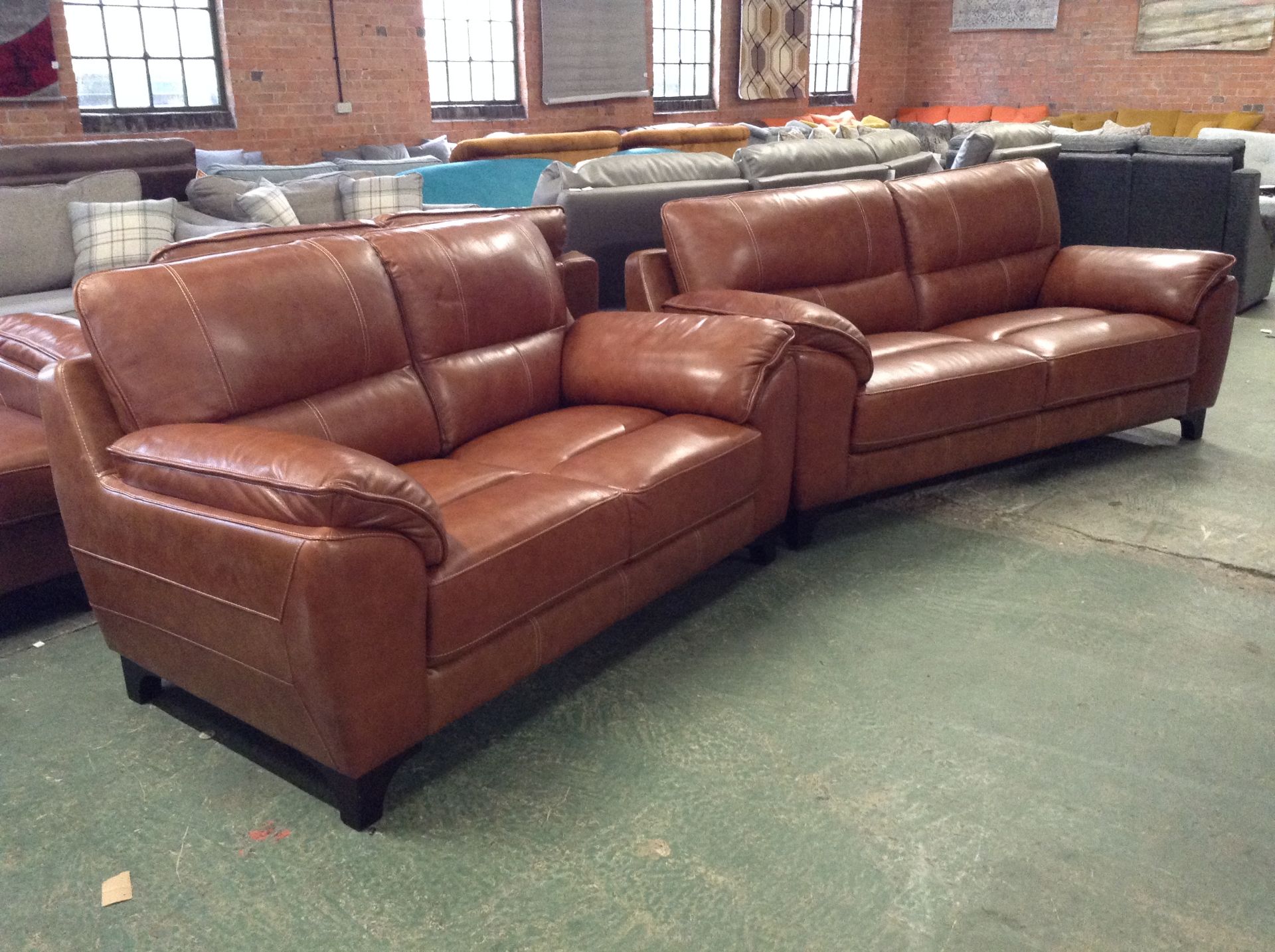 TAN LEATHER WITH WHITE STITCHING 3 SEATER SOFA AND