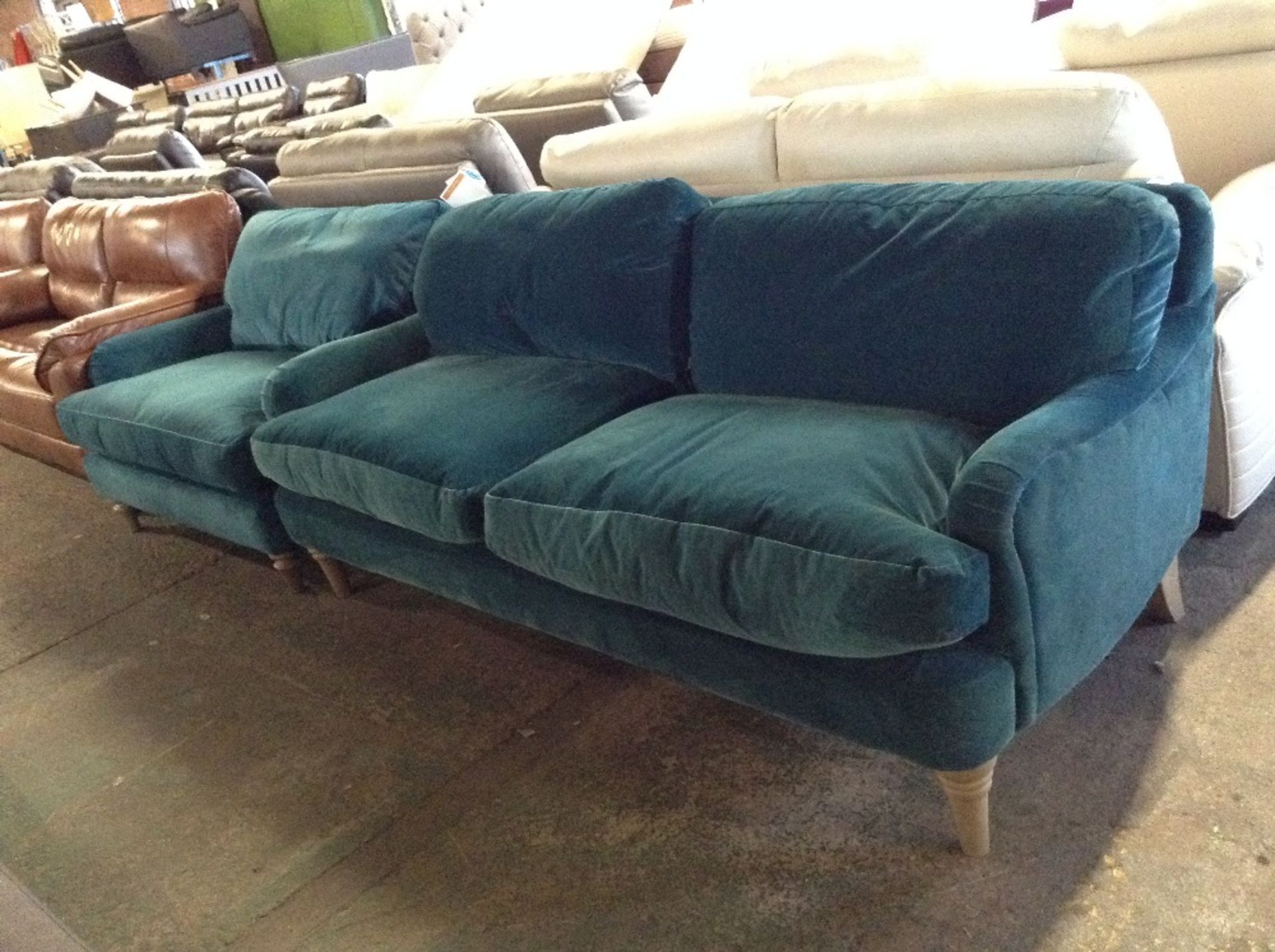 TEAL FABRIC LARGE 3 SEATER SOFA AND CHAIR