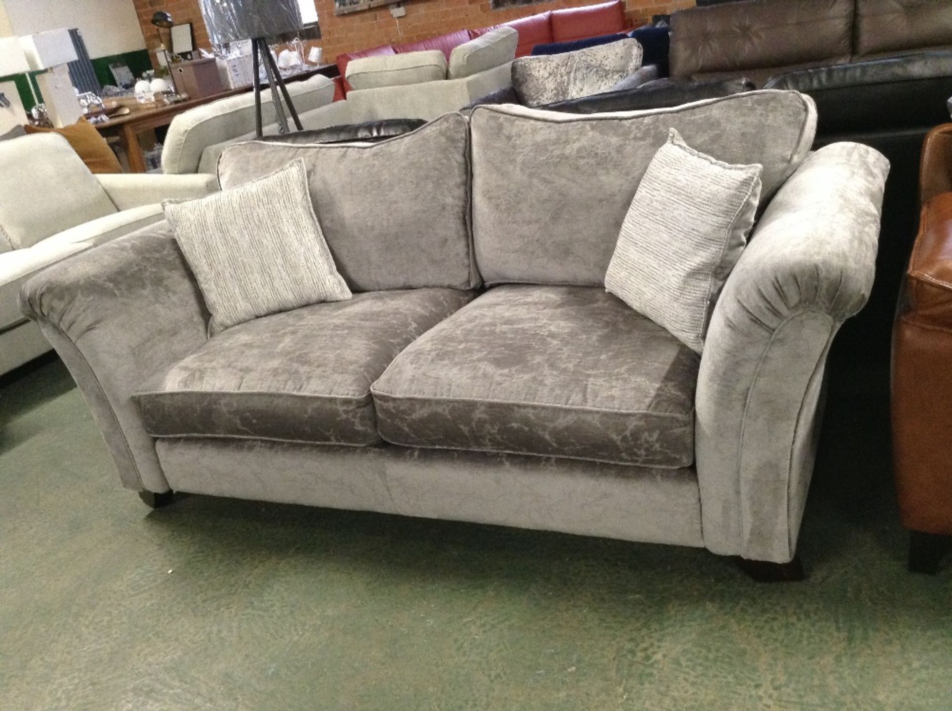 silver patterned 3 seater sofa (damaged frame wher