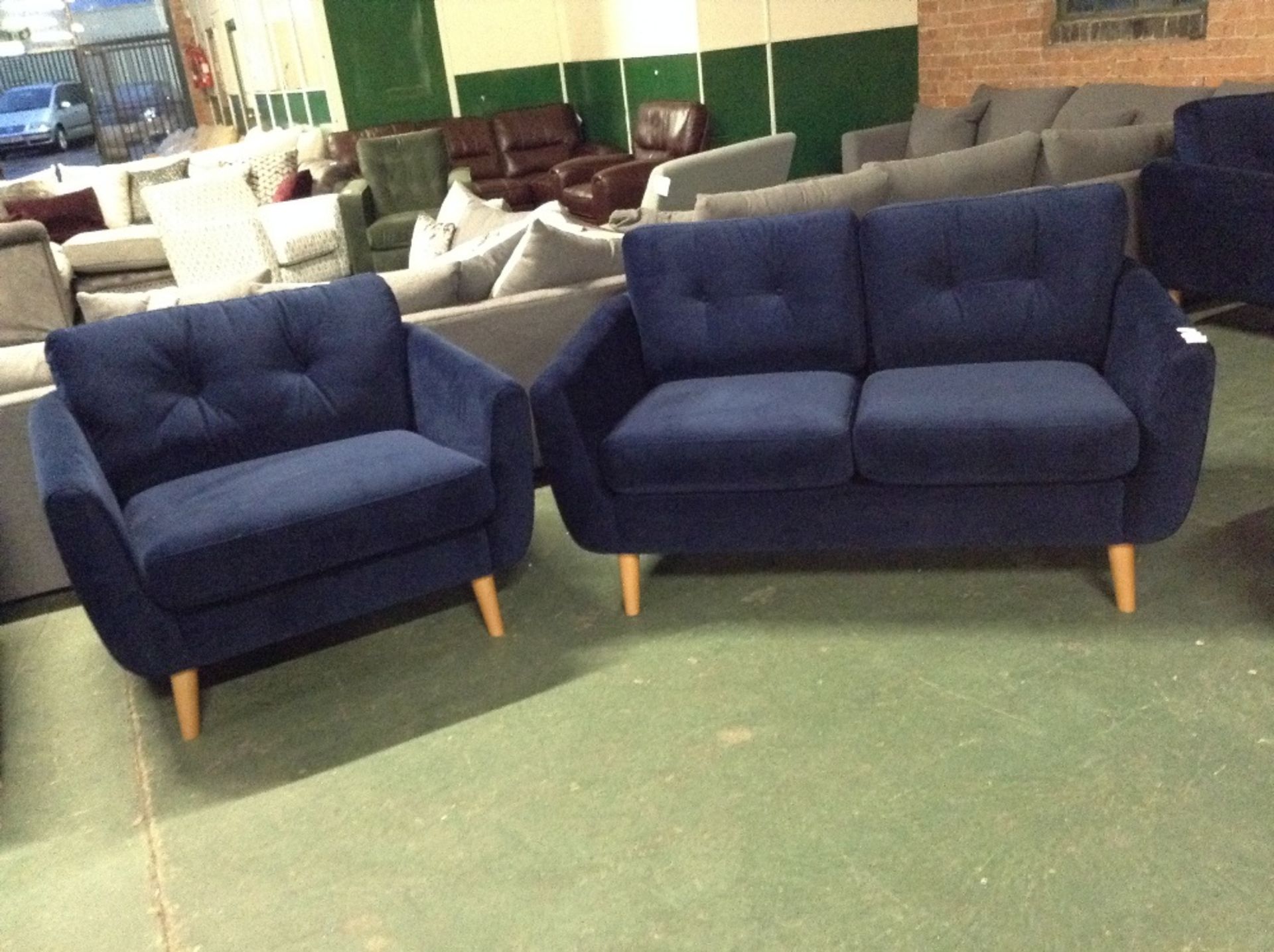 EX SHOWROOM VELVET DARK BLUE 2 SEATER SOFA AND SNU