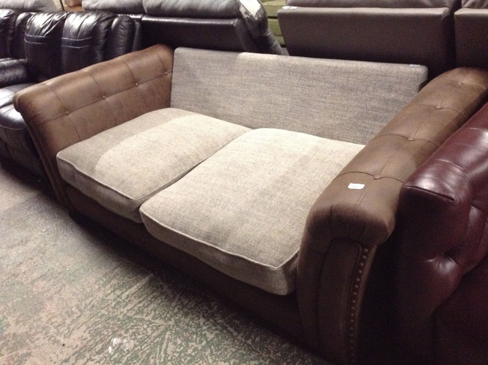 BROWN SADDLE BISCUIT FABRIC 3 SEATER SOFA (MISSING