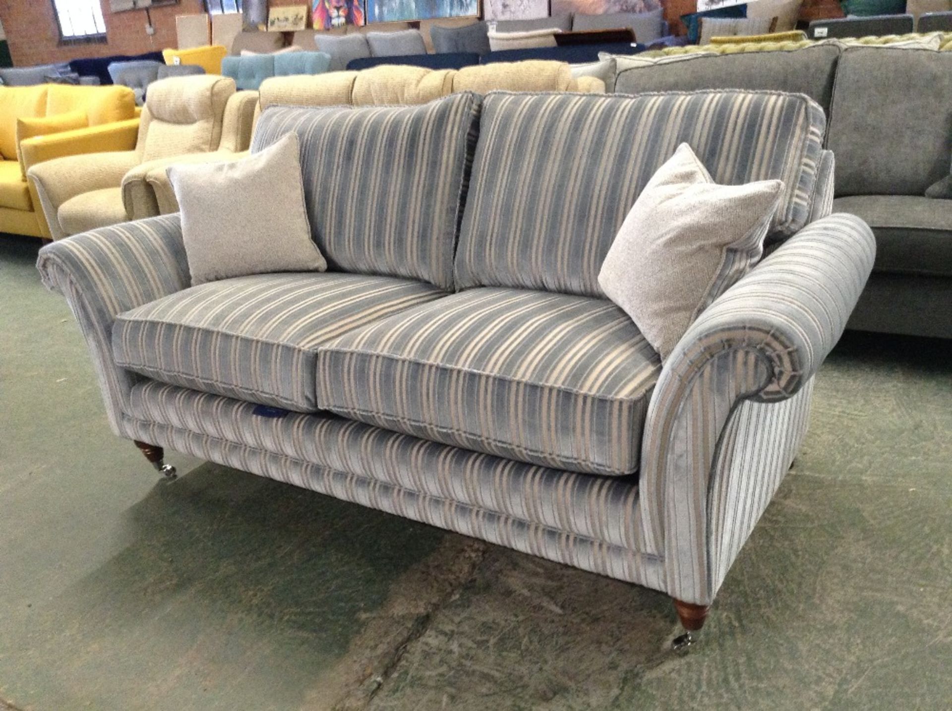 EX SHOW ROOM BLUE AND GREY STRIPPED 2 SEATER SOFA