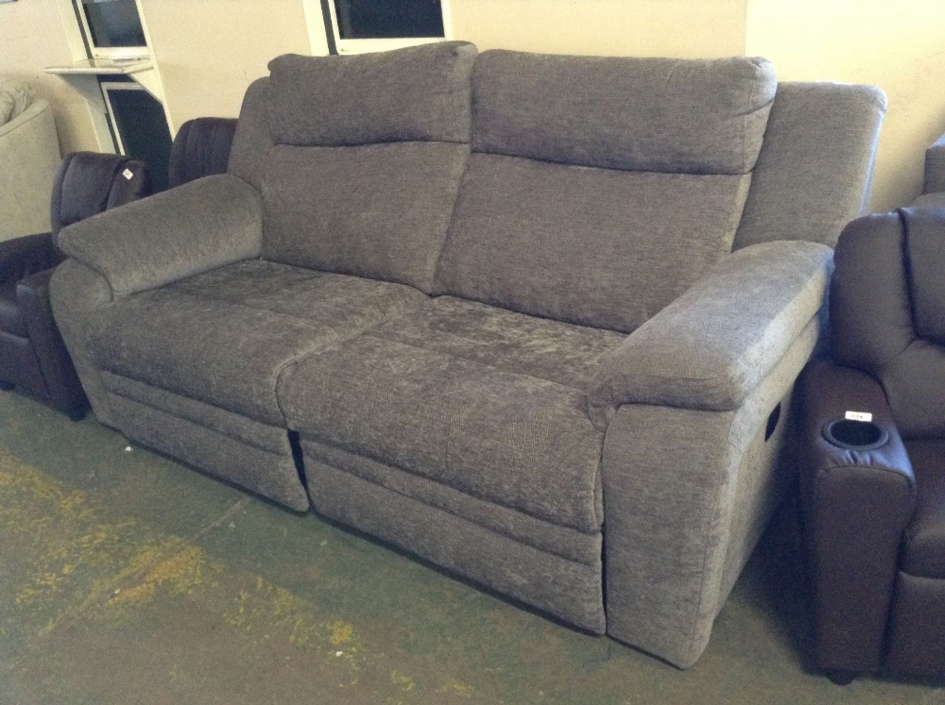 GREY FABRIC HIGH BACK ELECTRIC RECLINING 3 SEATER