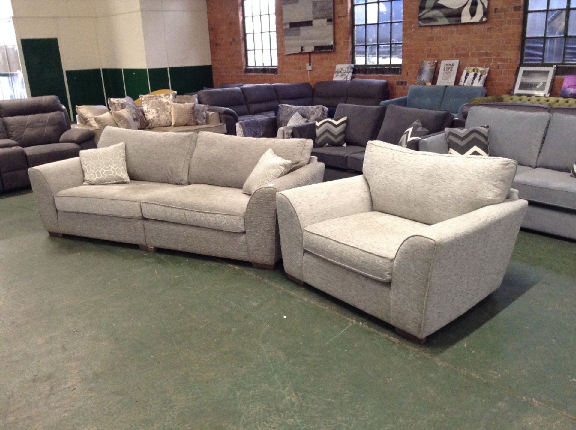 GREY FABRIC SPLIT 4 SEATER SOFA AND CHAIR (CONTRAS