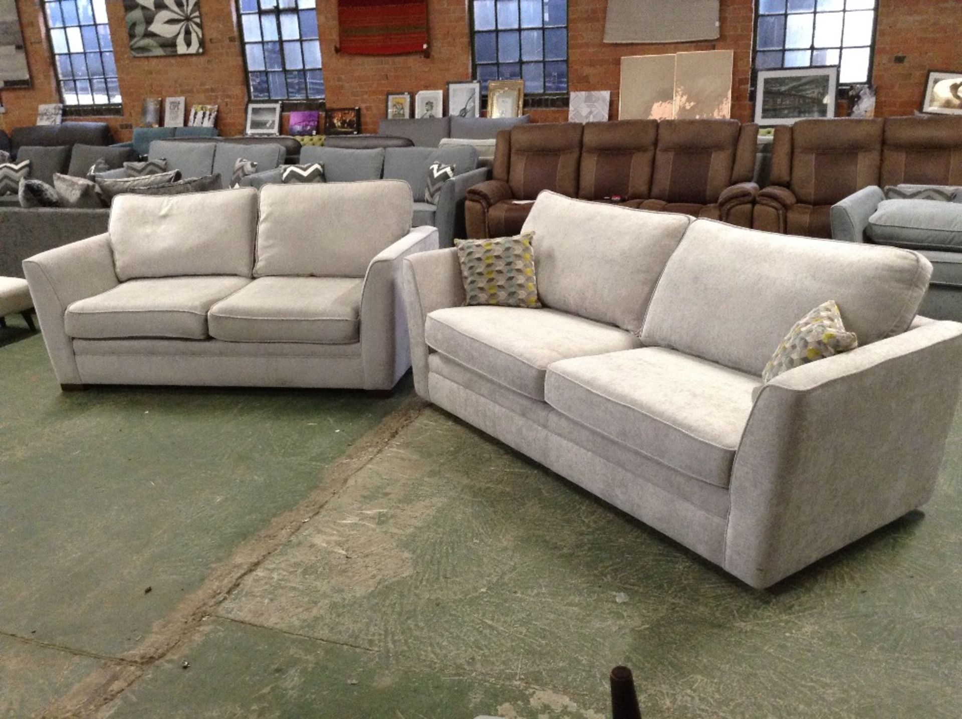 GREY FABRIC 3 SEATER SOFA AND GREY METAL ACTION BE