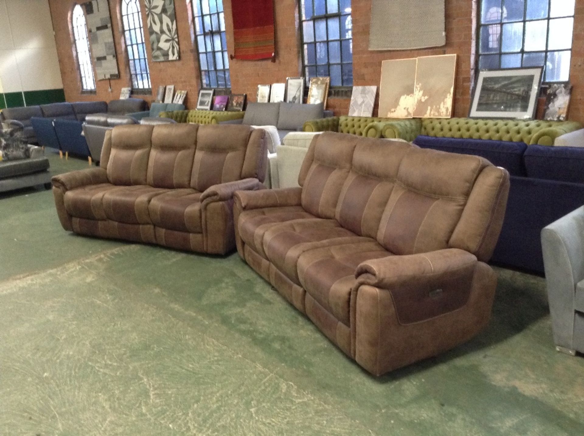2 X BROWN SADDLE ELECTRIC RECLINING 3 SEATER SOFAS