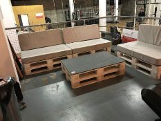 Various Pallet Furniture Comprising; 3no. Pallet Seating Sections with Cushions, 2no. Pallet