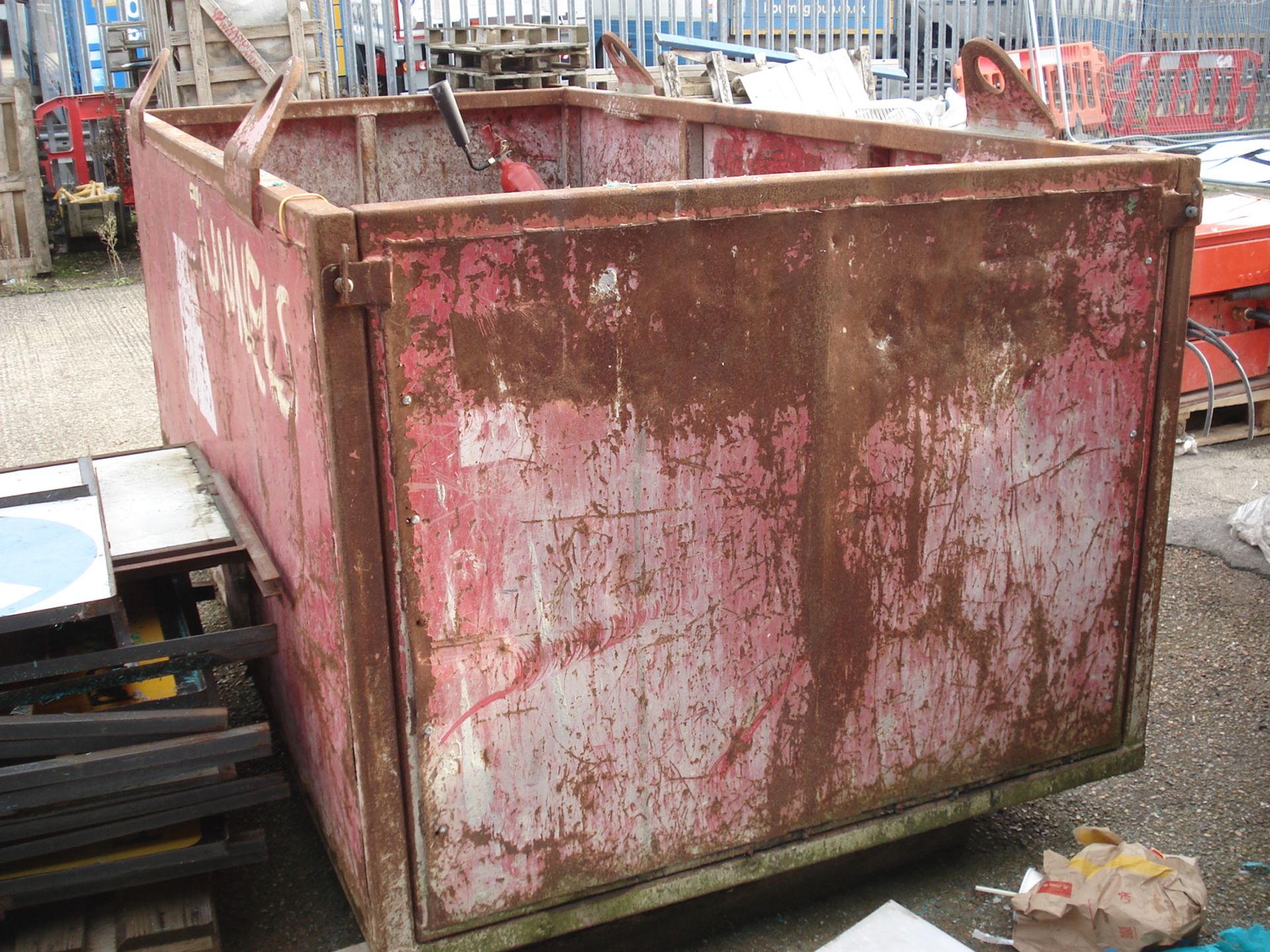 Large Red Metal Skip with drop down end and lifting eyes - 8.5ft long x 4.5ft wide x 3.5ft high