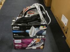 Lot to Contain 3 Assorted Boxed and Unboxed Steam Irons By Braun Textile, Philips and Russell