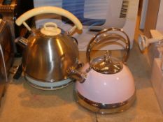 Lot to Contain 2 Assorted Stainless Steel Dome Kettles and Pink Whistling Stove Top Kettle