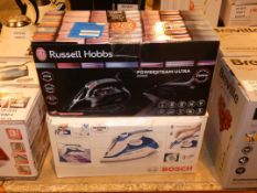 Lot to Contain 2 Assorted Bosch and Russell Hobbs Steam Irons Combined RRP £135