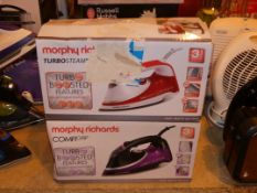 Lot to Contain 3 Boxed Assorted Steam Irons to Include Morphy Richards Turbo Steam and Comfy Grip