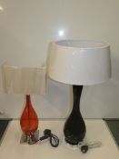 Lot To Contain Two Red Glass And Purple Glass Designer Table Lamps With Cream Fabric Shades From A
