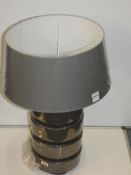 Multi Rim Porcelain Base Grey Fabric Shade Designer Table Lamp From A High-End Lighting Company (