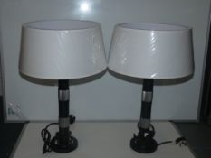 Pair Of Black And Silver Designer Table Lamps With Oversized White Shades From A High-End Lighting