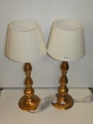 Pair Of Antique Brass Cream Fabric Shade Designer Table Lamps From A High-End Lighting Company (