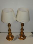 Pair Of Antique Brass Cream Fabric Shade Designer Table Lamps From A High-End Lighting Company (