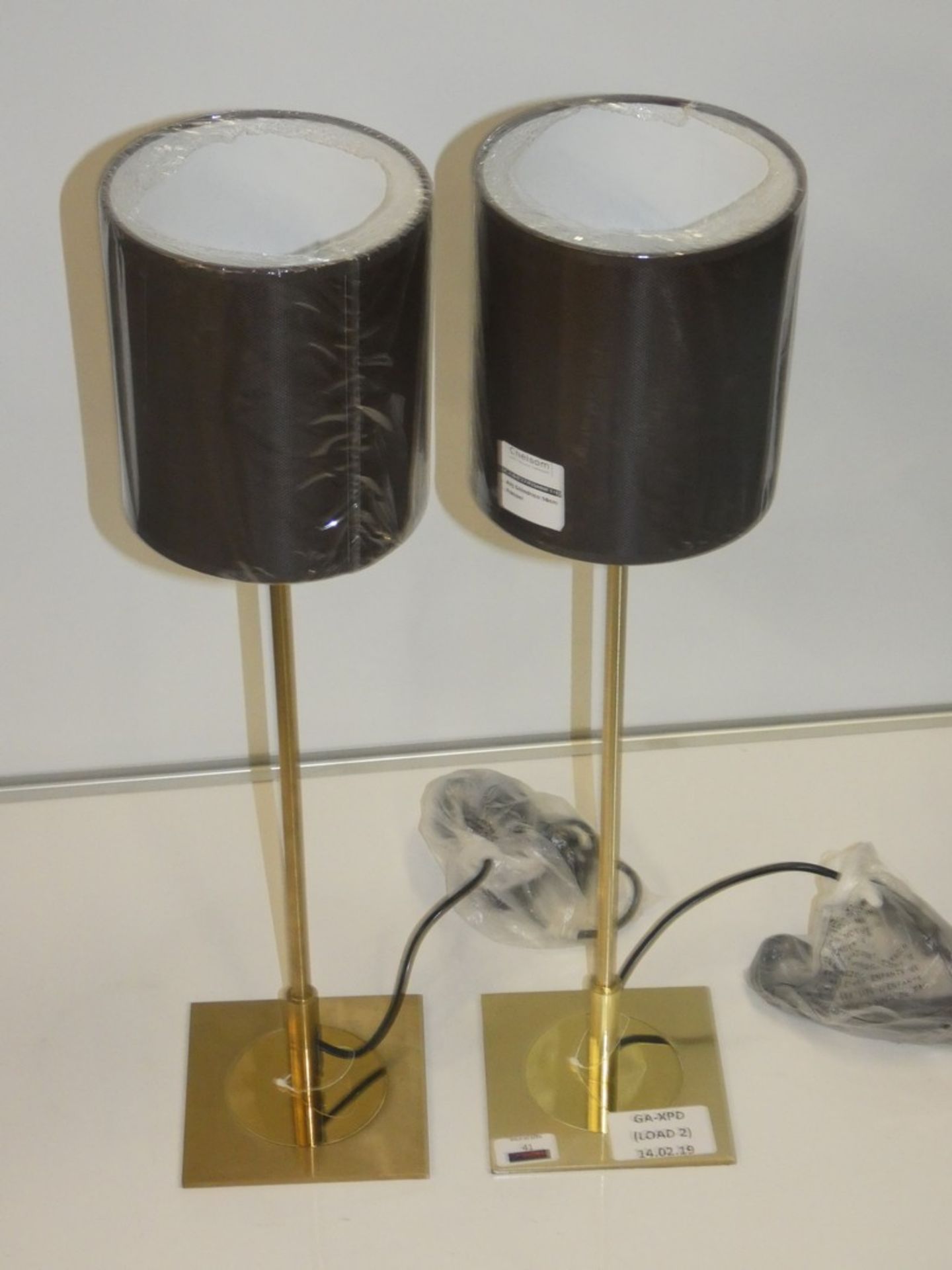 Pair Of Gold Designer Table Lamps With Fishnet Shades From A High-End Lighting Company (Chelsom)