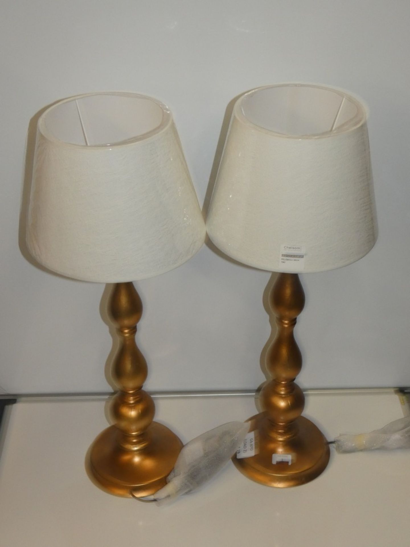 Pair Of Antique Brass Cream Fabric Shade Designer Table Lamps From A High-End Lighting Company (