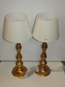 Pair Of Antique Brass Cream Fabric Shade Designer Table Lamps From A High-End Lighting Company (