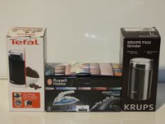 Boxed Assorted Kitchen Items to Include Krupp's Coffee Grinders, Russell Hobbs Mini Travel Kettles