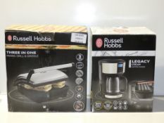 Assorted Items to Include a Russell Hobbs Legacy Cream Coffee Maker and Russell Hobbs 3-in1 Panini
