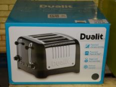 Boxed Dualit stainless steel and Black Four Slice Toaster RRP £80