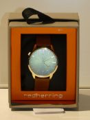 Boxed Red Herring Brown Leather Strap Green Faced Gents Designer Wrist Watch RRP £30