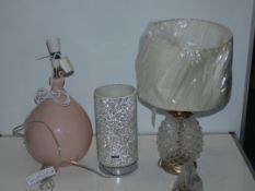 Lot to Contain 3 Assorted Designer Lighting Items To Include Crackle Lamp Bases, Pink Glass Designer