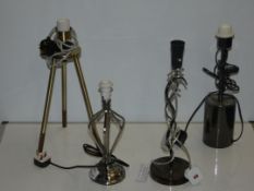 Lot to Contain 4 Assorted Glass Base Table Lamps, Stainless Steel Table Lamps and Tripod Leg Table