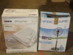 Boxed Assorted Items To Include a Bionaire 2 in 1 Ventilator Fan and a Monogram Heated Mattress