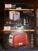 Lot to Contain 2 Boxed Assorted Russell Hobbs Toasters To Include a Flame Red 2 Slice Toaster and