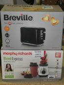 Boxed Assorted Kitchen Items To Include a Breville Black 2 Slice Toaster and a Morphy Richards Blend