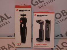 Lot to Contain 2 Manfrotto Items to Include a Twist Grip Clamp for Smart Phones and a Pixie Mini