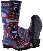 Brand New Pair of London Design High Gloss Ladies Wellington Boots in a Red and Blue Colour UK4