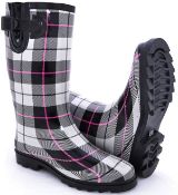 Brand New Pair of Size UK5 Tartan Design Ladies Calf Wellington Boots in Black and White Colour
