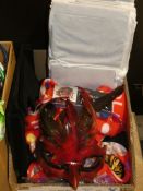 Assorted Items In a Box to Include Brand New Fire Bird Feather Masks, Fashion Classic Zip Up