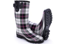 Brand New Pair of Size EU38 Ladies Pink, White and Black Check Designer Rubber Wellington Boots