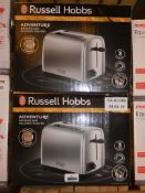 Lot to Contain 2 Boxed Russell Hobbs Adventure Polished Steel 2 Slice Toasters Combined RRP £60