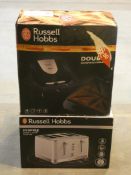 Lot to Contain 2 Boxed Assorted Kitchen items to Include a Russell Hobbs Double Sandwich Maker and a