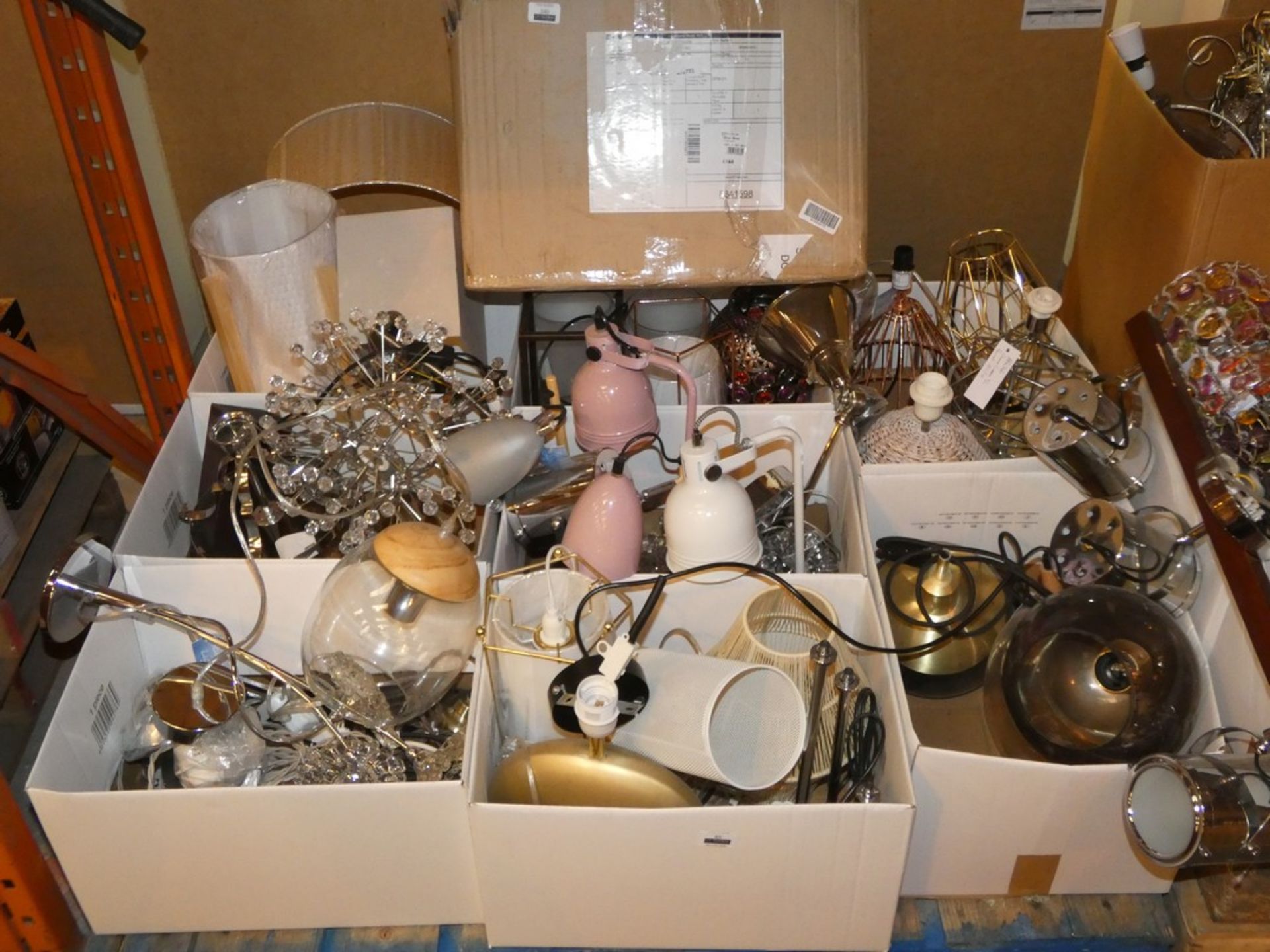 Lot to Contain a Vast Quantity of Assorted Lighting Items to Include Ceiling Lights, Table Lights,