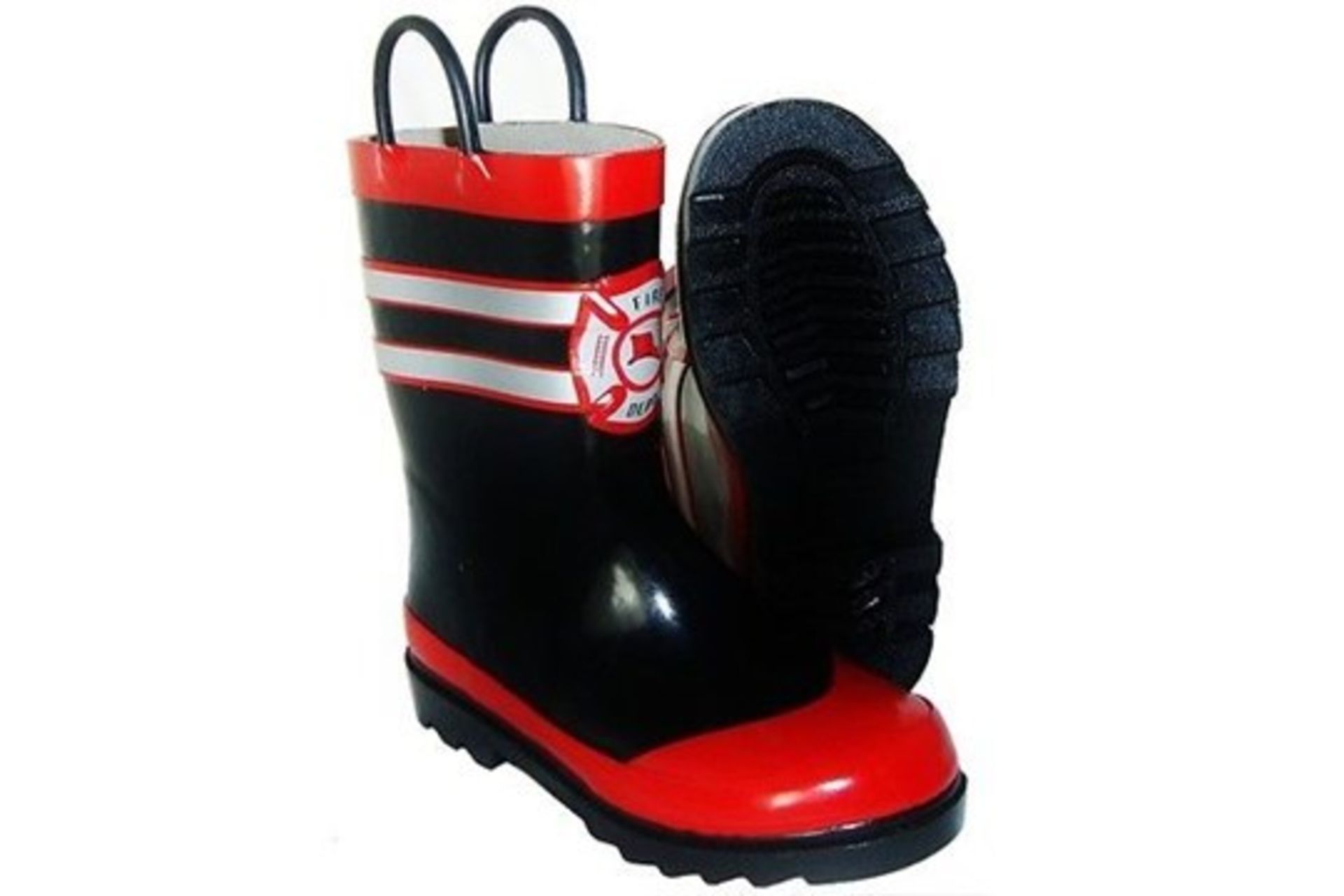 Brand New Pair of Size 13 - 1 Fire Department Black and Red Boys Wellington Boots with Handles