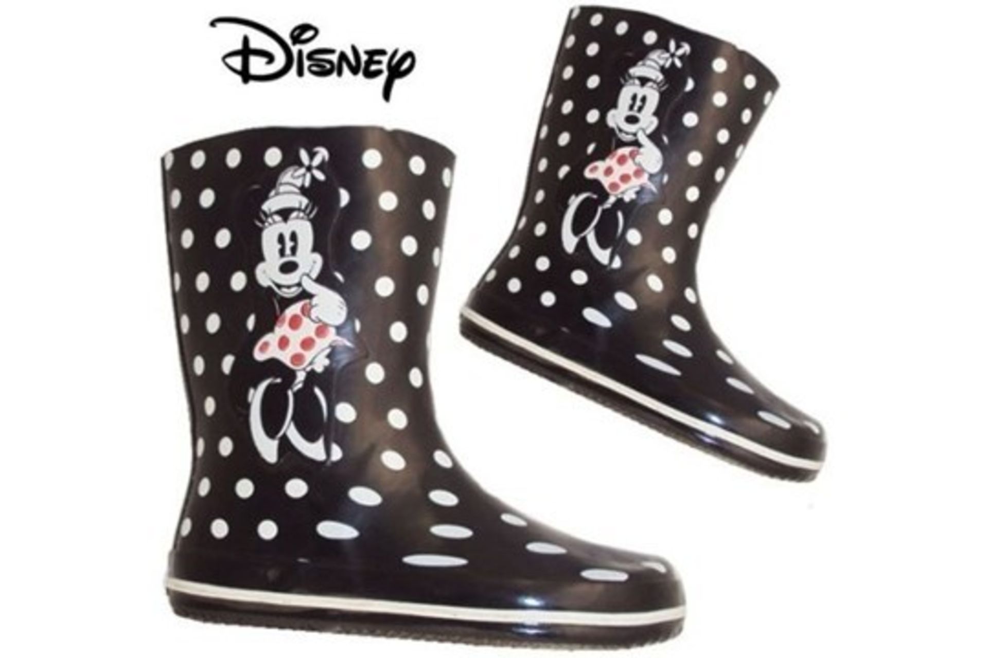 Brand New Pair of Childrens Minnie Mouse Polka Dot Design Wellington Boots in Black and White in