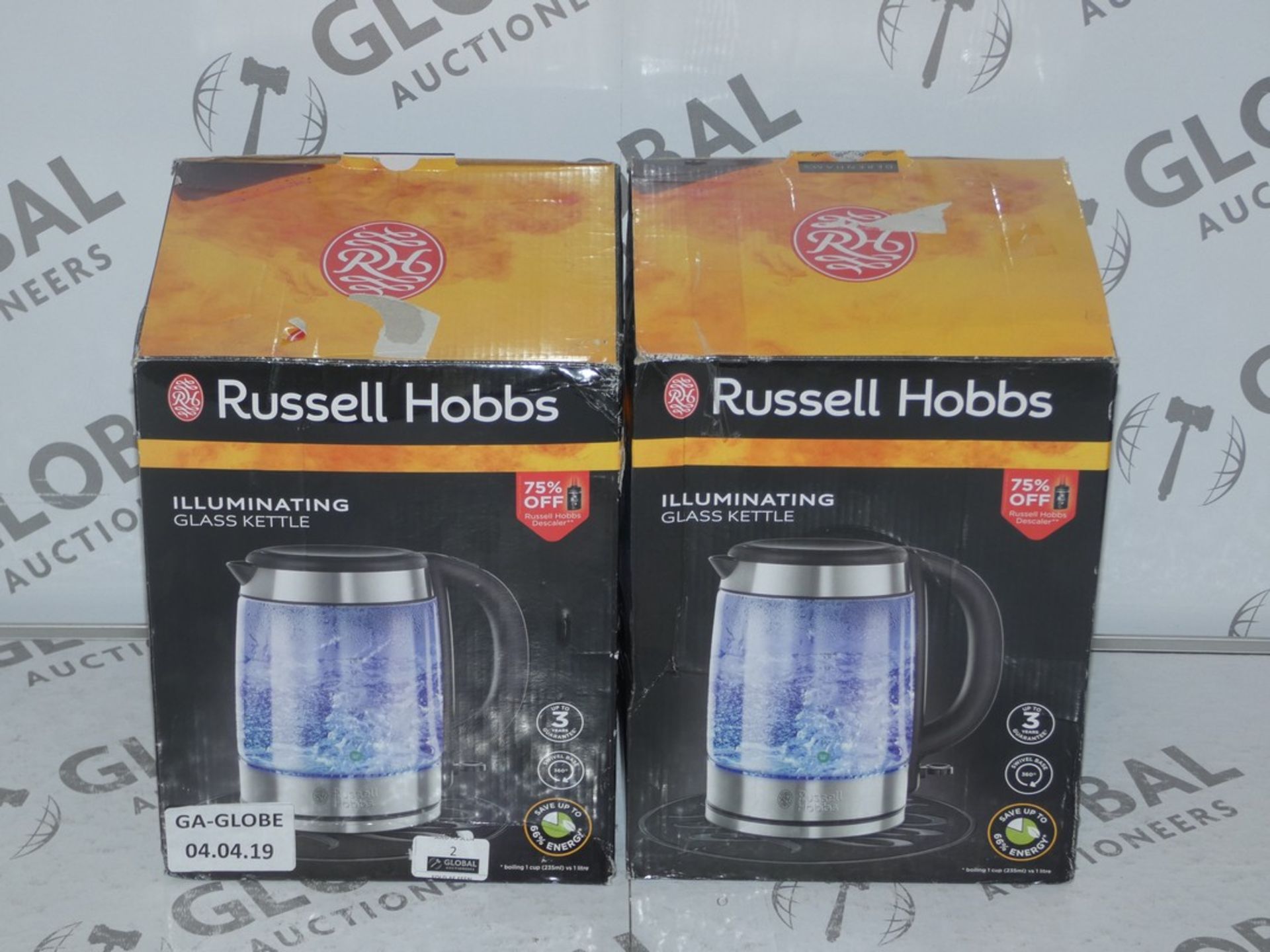 Lot to Contain 2 Boxed Russell Hobbs Illuminating Glass Rapid Boil Kettles RRP £90