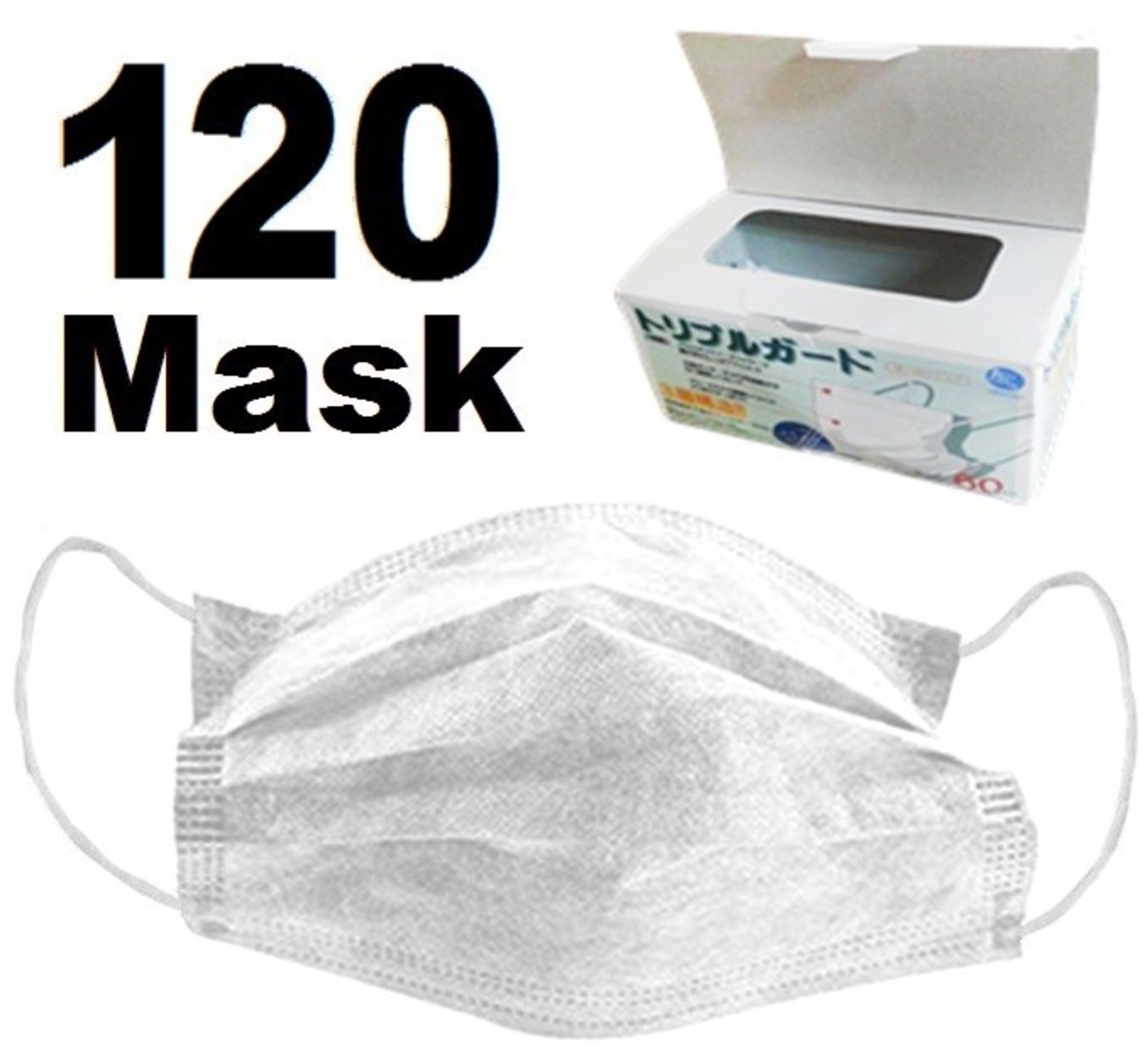Lot to Contain 120 Disposable hygene flat face masks with elastic retention ( 2 x boxes of 60 =