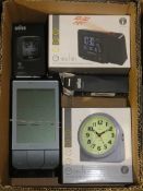 Assorted Boxed and Unboxed Mantle Clocks, Oregon Scientific Weather Stations and Alarm Clocks by