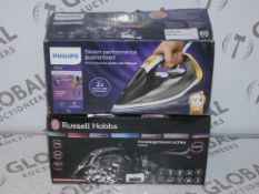 Lot To Contain 2 Boxed Assorted Phillips Azure & Russel Hobbs Power Steam Ultra Steam Generating