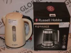 Lot to Contain 2 Assorted Boxed and Unboxed Cordless Jug Kettles by Russell Hobbs and Bosch Combined