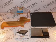 Lot to Contain 5 Assorted Items to Include a Orla Kiely Chopping Board, Circulon Oven Tray, Salter