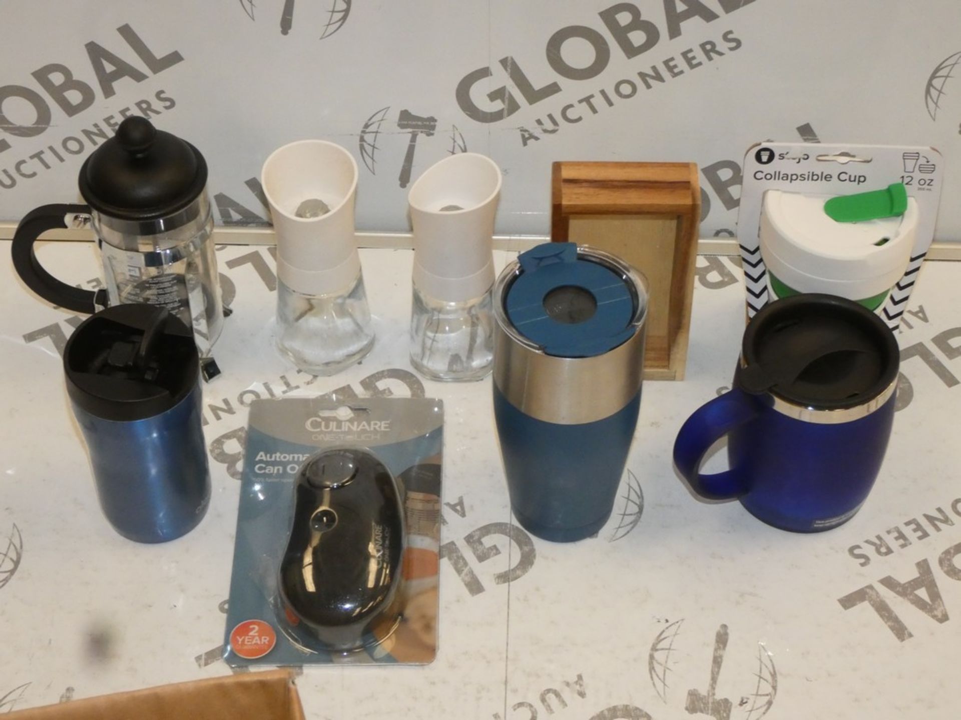 Assorted Items In a Box To Include Stojo Collapsable Mugs, Bodum Coffee Press, Camelback Travle Mug,